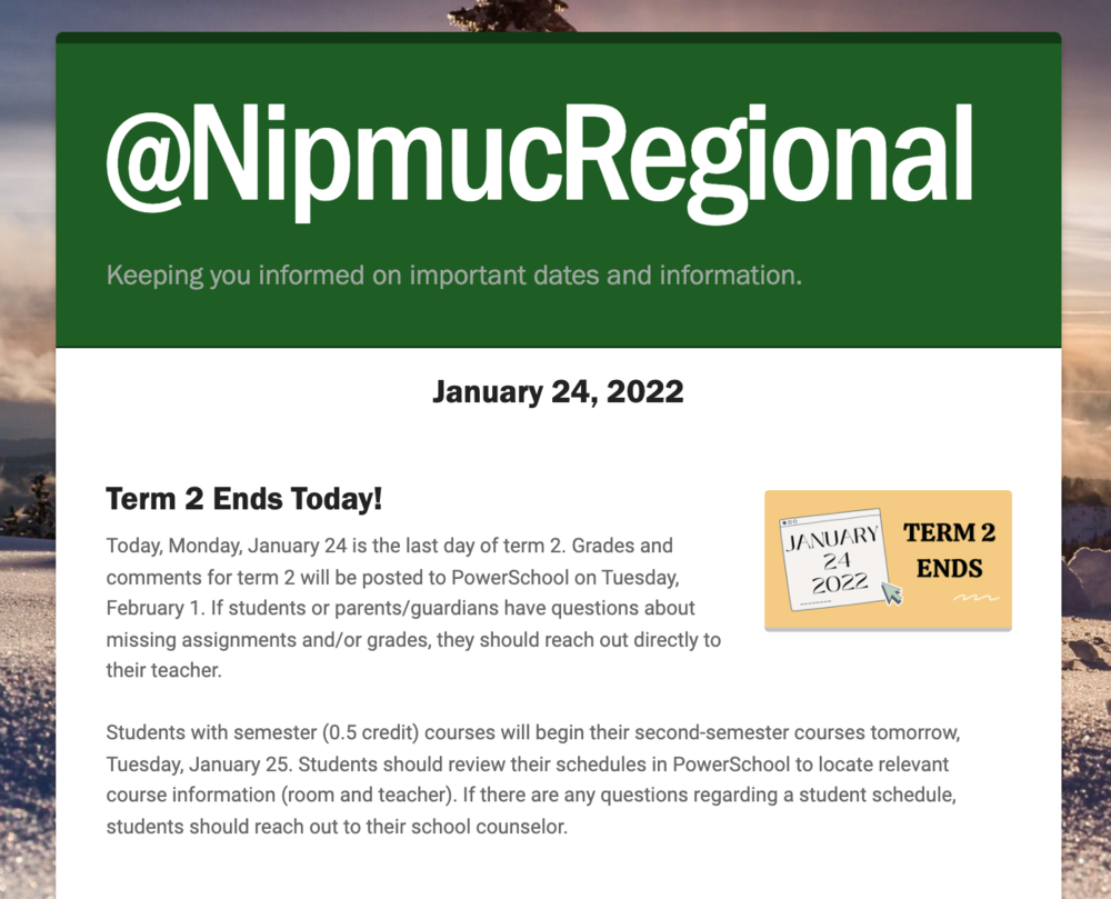 @NipmucRegional Newsletter (1/24/22)